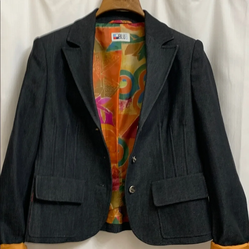 Vintage Black Denim Tailored Structured Blazer Jacket with Colorful Lining